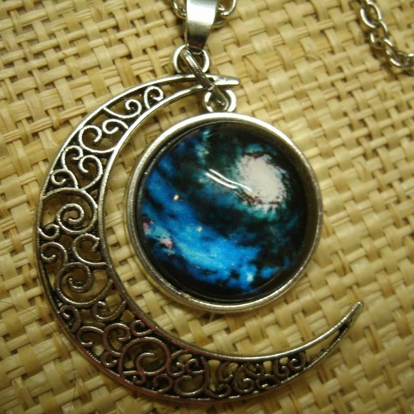 Crescent Moon with Galaxy Cabochon Dangle Necklace - Picture 3 of 13